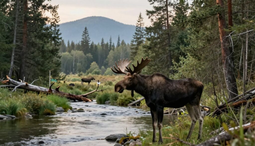 A serene forest environment depicting the natural habitat of moose, showcasing the common causes of moose mortality. In the foreground, a majestic moose stands gracefully near a tranquil river, surrounded by dense trees and lush greenery. In the middle ground, subtle details of wildlife hazards are illustrated, such as a fallen tree and signs of predation, indicating the dangers moose face. The background features a soft, misty landscape with distant mountains under soft morning light, creating a calm atmosphere. The image is captured from a slightly elevated angle, emphasizing the moose's presence in its environment. The overall mood is peaceful yet reflective, highlighting the fragility of life in the wild without any text or distractions.