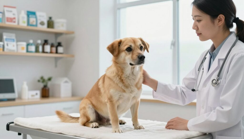 A serene image depicting a veterinarian in a clean, modern consultation room, gently soothing a medium-sized, anxious dog. The dog, with its eyes wide and ears back, sits on a plush veterinary table, showcasing its natural fur and demeanor of unease. In the foreground, the veterinarian, dressed in a professional white coat, has a calm expression and outstretched hand, reassuring the dog. In the middle ground, a shelf lined with pet care products and calming herbal remedies provides context. The background features a large window with soft, natural light filtering in, enhancing the soothing atmosphere. The overall mood is tranquil and caring, emphasizing a safe and nurturing environment for pet care.
