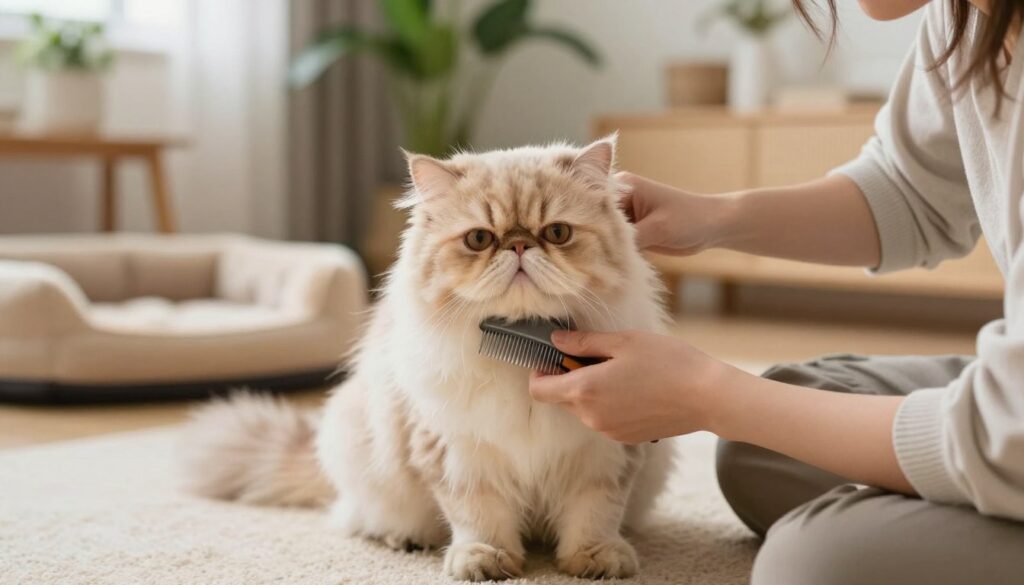 A serene indoor scene showcasing a Persian cat being groomed, with its luxurious, long fur shining in soft, natural light. In the foreground, a caring person with their hands gently combing through the cat's fur, emphasizing a bond between them. The person is casually dressed in a modest, comfortable outfit. In the middle ground, focus on the Persian cat, which has a flat face and expressive eyes, looking content and relaxed. The background features a cozy living room with a plush cat bed, indoor plants, and warm hues to create an inviting atmosphere. The overall mood is peaceful and nurturing, highlighting the importance of daily grooming for the cat's well-being and longevity.