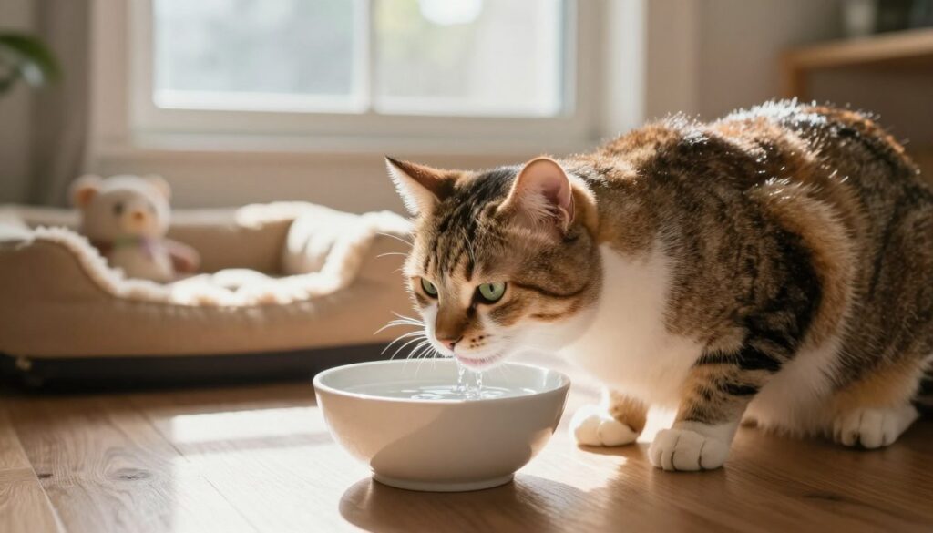 A serene indoor setting showcasing an attentive cat drinking fresh water from an elegant bowl. The foreground features the cat, a mixed-breed domestic feline with lush fur, focused on the water, creating a sense of hydration importance. In the middle ground, include a cozy cat bed and soft toys, suggesting a nurturing environment. The background consists of a sunlit window with gentle rays illuminating the space, casting soft shadows. Use warm, inviting lighting to evoke comfort and health. The mood is peaceful and nurturing, emphasizing the significance of hydration for cats and its impact on their kidney health and longevity.