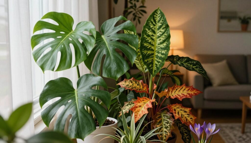 A serene interior scene featuring a collection of common houseplants, specifically highlighting a Monstera plant alongside other toxic plants found in Polish homes, such as Dieffenbachia, Oleander, and Autumn Crocus. In the foreground, focus on the vibrant green leaves of the Monstera, with its distinctive split leaves, positioned on a windowsill adorned with natural light filtering through sheer curtains. The middle ground should display a mixture of the other plants, showcasing their unique leaf shapes and colors, creating an abundant, lush atmosphere. The background should subtly depict a cozy living room with warm, inviting tones, emphasizing the contrast between the beauty of the plants and their potential danger. The lighting should be soft and warm, evoking a peaceful yet cautionary mood.