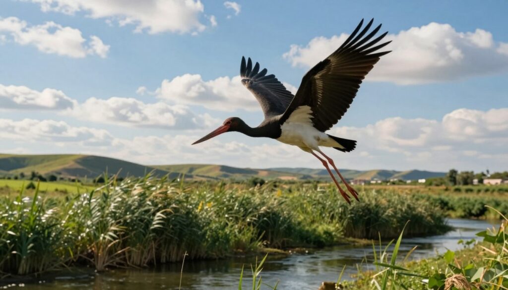 A serene landscape captures a black stork in mid-flight, showcasing its striking black plumage contrasted against a vivid blue sky dotted with white clouds. In the foreground, the stork’s long legs and gracefully elongated wings are outstretched, highlighting its elegance. The middle ground features a lush, green riverbank, where reeds sway gently in the breeze, suggesting natural habitat. In the background, rolling hills lead to a distant horizon, hinting at the stork's migratory journey. Soft sunlight filters through the clouds, creating a warm, inviting atmosphere. The overall mood is peaceful and reflective, illustrating the poignant beauty of nature and the stork’s migratory patterns, with a focus on its graceful flight and distant destination.