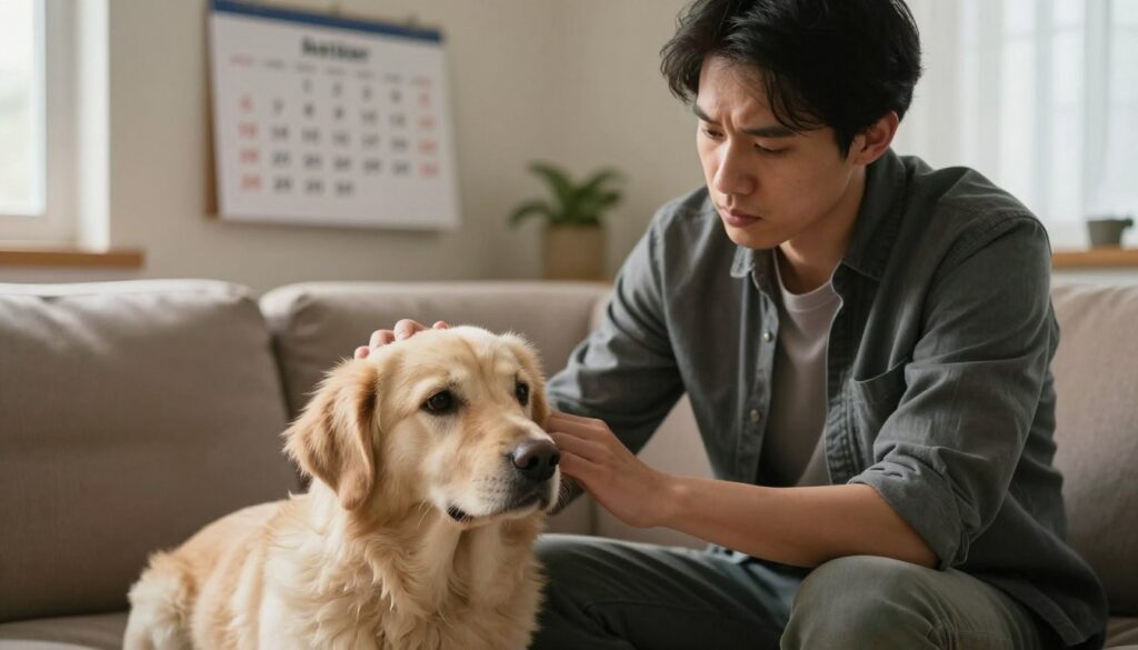 A serene living room scene featuring a concerned male dog owner, seated on a sofa, gently petting his anxious dog. The dog is a medium-sized male breed with soft, fluffy fur and expressive eyes, conveying a sense of unease. In the background, a calendar is visible on the wall, marked with specific dates, symbolizing the planning of the male dog's behavior during a challenging period. Soft, warm lighting filters through a nearby window, creating a cozy and introspective atmosphere. The overall composition projects a caring bond between the owner and his pet while accentuating the theme of managing the male dog's behavior during the female dog's heat cycle. The image is framed with a shallow depth of field, keeping the focus on the owner and dog in the foreground against a softly blurred background.