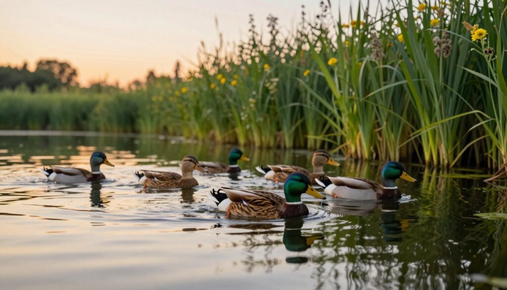 A serene natural habitat featuring a group of ducks (kaczki) swimming gracefully on a tranquil pond. In the foreground, a few ducks are diving underwater, their vibrant plumage reflecting in the water's surface. The middle ground showcases lush green reeds and wildflowers along the pond’s edges, creating a lively ecosystem. In the background, a soft gradient of warm sunset colors casts a golden hue over the scene, enhancing the peaceful atmosphere. Gentle ripples are visible on the water, reflecting the soft light. The overall mood is calm and harmonious, capturing the essence of ducks in their natural environment, highlighting their resilience amidst potential dangers. Use natural lighting with a shallow depth of field, focusing on the ducks while gently blurring the background.