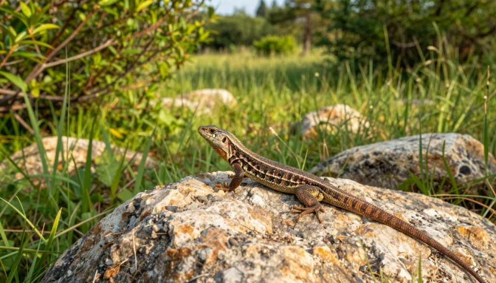 A serene natural setting depicting a common European legless lizard, also known as a padalec, basking on a warm rock in a lush green landscape. In the foreground, the padalec's smooth, gleaming body glistens in the sunlight, showcasing its vibrant colors and unique features. The middle ground reveals a bustling habitat with wild grasses, scattered stones, and patches of sunlight filtering through the leaves of nearby shrubs. In the background, a soft focus of trees creates a tranquil ambiance, enhancing the sense of freedom in its natural environment. The lighting is warm and golden, evoking a peaceful, sunny day. Capture the scene from a slightly elevated angle, emphasizing the lizard's connection to its habitat, inviting viewers into the essence of life in the wild.