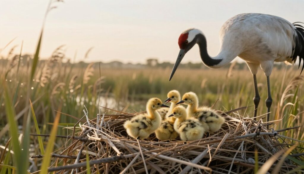 A serene natural setting showcasing a crane nest with several yellow fluffy chicks, also known as "pisklęta," nestled among soft, dry grasses. In the foreground, the chicks are slightly huddled together for warmth, their tiny beaks open in anticipation of being fed. The mother crane, depicted in a protective stance, is nearby, watching over them attentively. The background features a tranquil wetland habitat with reeds gently swaying in a light breeze, under a soft golden morning light that casts a warm glow across the scene. The atmosphere is calm and nurturing, evoking a sense of familial bonding in the wild. Capture the image with a slightly low angle to emphasize the chicks and nest, allowing the natural environment to frame the scene beautifully. A serene natural setting showcasing a crane nest with several yellow fluffy chicks, also known as "pisklęta," nestled among soft, dry grasses. In the foreground, the chicks are slightly huddled together for warmth, their tiny beaks open in anticipation of being fed. The mother crane, depicted in a protective stance, is nearby, watching over them attentively. The background features a tranquil wetland habitat with reeds gently swaying in a light breeze, under a soft golden morning light that casts a warm glow across the scene. The atmosphere is calm and nurturing, evoking a sense of familial bonding in the wild. Capture the image with a slightly low angle to emphasize the chicks and nest, allowing the natural environment to frame the scene beautifully.