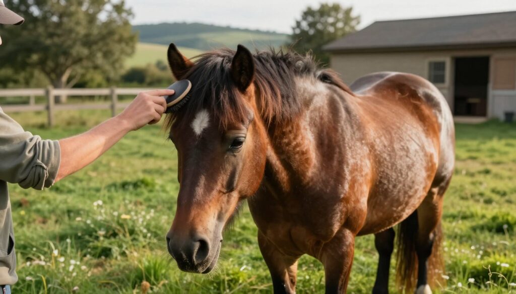 A serene outdoor scene depicting a well-groomed pony standing on lush green grass, showcasing its shiny coat reflecting the sunlight. In the foreground, a gentle hand of a caretaker, dressed in modest, casual clothing, is seen brushing the pony’s mane with a brush, emphasizing the bond between them. The middle ground features a natural landscape with trees and soft hills, capturing a peaceful rural environment. In the background, a rustic stable can be seen, further highlighting the setting of proper pony care. Soft, warm lighting creates an inviting atmosphere, with a slight golden hue, evoking feelings of tranquility and care. The angle is slightly elevated, providing a clear view of the pony's expressive eyes, symbolizing vitality and well-being.