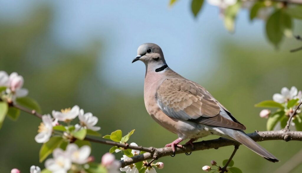 A serene outdoor scene featuring a Turkish collared dove (Streptopelia decaocto) perched on a branch in a lush green environment. The dove should have a soft gray-brown coloration with distinctive black crescent markings on its neck. In the foreground, delicate blossoms and vibrant greenery provide a colorful contrast to the bird's feathers. The middle ground includes a gently blurred background of hints of trees and a clear blue sky, suggesting a peaceful and natural habitat. The sunlight gently filters through the leaves, casting soft shadows and creating a warm, inviting atmosphere. Use a shallow depth of field to focus on the dove, highlighting its features while the background remains softly blurred, enhancing the image's calm mood.