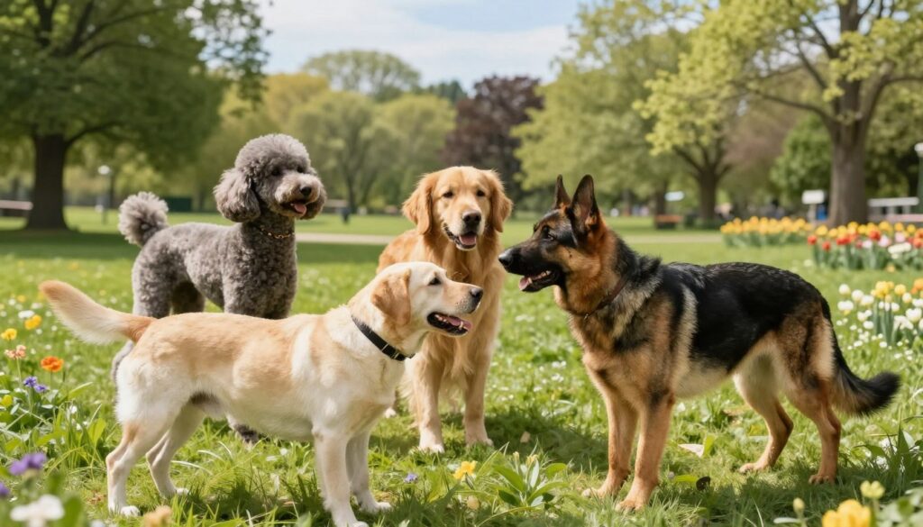 A serene outdoor scene featuring a variety of dogs, showcasing their unique breeds and sizes. In the foreground, a playful Labrador Retriever and a gentle German Shepherd are interacting with each other, demonstrating companionship. The middle ground includes a healthy Golden Retriever and a Poodle, both exhibiting strong and fit bodies, symbolizing good nutrition and active living. The background consists of a lush green park with blooming flowers, framed by tall trees under a bright blue sky. Soft, natural sunlight bathes the scene, casting gentle shadows that enhance the vitality of the dogs. The overall mood is uplifting and informative, emphasizing the importance of genetics, nutrition, weight management, and activity in canine health. The perspective captures an inviting wide-angle view, creating a warm and engaging atmosphere.
