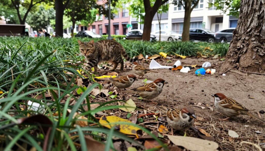 A serene park scene featuring several sparrows foraging on the ground, surrounded by various potential threats. In the foreground, clusters of plants and fallen leaves create a vibrant, natural habitat. In the middle ground, a cat stealthily stalks a sparrow, illustrating the predation threat. Nearby, a littered area with plastic and other waste symbolizes environmental dangers. The background shows a bustling urban setting with buildings and vehicles, hinting at habitat loss. Soft, natural light filters through the trees, casting gentle shadows. The mood is slightly tense, emphasizing the vulnerability of the sparrows. The angle captures the scene from a low perspective, focusing on the sparrows and their dangers while allowing the context of their environment to emerge. A serene park scene featuring several sparrows foraging on the ground, surrounded by various potential threats. In the foreground, clusters of plants and fallen leaves create a vibrant, natural habitat. In the middle ground, a cat stealthily stalks a sparrow, illustrating the predation threat. Nearby, a littered area with plastic and other waste symbolizes environmental dangers. The background shows a bustling urban setting with buildings and vehicles, hinting at habitat loss. Soft, natural light filters through the trees, casting gentle shadows. The mood is slightly tense, emphasizing the vulnerability of the sparrows. The angle captures the scene from a low perspective, focusing on the sparrows and their dangers while allowing the context of their environment to emerge.