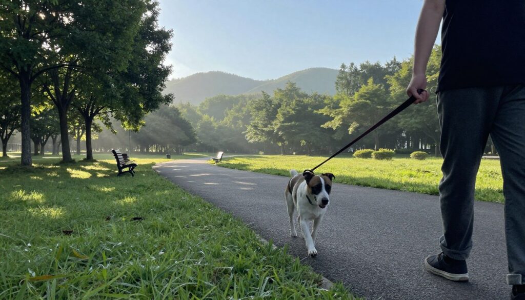 A serene park setting during early morning, with a soft, hazy light filtering through the trees, creating a calm atmosphere. In the foreground, a male dog with a focused expression walks on a leash held by a person dressed in casual attire, representing responsible pet ownership. In the middle ground, a winding path leads into the park, surrounded by lush greenery and a few scattered benches. The background features gently rolling hills under a clear, blue sky, suggesting a peaceful retreat from urban life. The scene conveys a sense of control and tranquility, ideal for managing a pet's behavior during specific situations, emphasizing companionship and care.