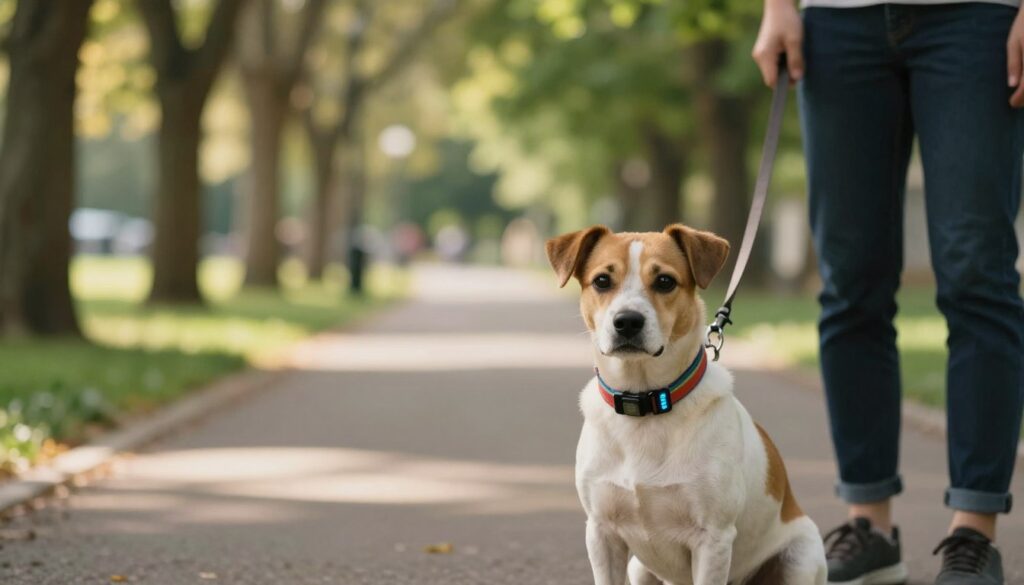 A serene park setting features a small, attentive dog wearing a colorful collar with a faint glowing chip embedded, symbolizing microchipping and tracking. In the foreground, the dog sits alertly, looking towards the camera. The middle ground showcases a blurred path lined with trees, evoking a sense of safety and companionship. In the background, a gentle sunlight filters through the foliage, casting dappled light onto the path. This peaceful atmosphere emphasizes the bond between the dog and its owner while subtly illustrating the concept of tracking. The image should evoke a sense of protection and care for pets, and be captured with a soft-focus lens to enhance the warmth of the scene.