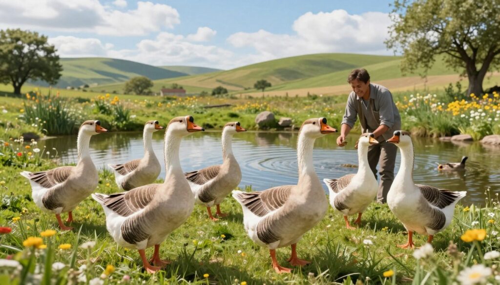 A serene pastoral landscape featuring a healthy flock of domestic geese grazing by a tranquil pond, surrounded by lush greenery and wildflowers. In the foreground, show a few geese exhibiting healthy behaviors, showing their vibrant feathers and lively postures. In the middle ground, depict a farmer in modest casual clothing observing the geese, smiling as he tends to some feed, illustrating the care and interaction that impact the birds' well-being. In the background, include rolling hills and a bright blue sky with soft clouds, enhancing the peaceful atmosphere. Use warm lighting to evoke a sense of vitality and health, capturing the essence of nature's influence on the longevity of these geese. The angle should be slightly elevated, providing an expansive view of the scene while focusing on the geese and their environment.