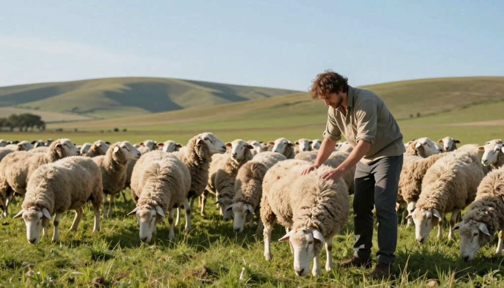 A serene pastoral landscape showcasing a healthy flock of sheep grazing in a lush green meadow. In the foreground, depict a shepherd in modest casual clothing, examining a sheep closely, highlighting the importance of health checks. In the middle ground, show a small herd of sheep, some interacting playfully, with bright eyes and thick wool indicative of good health. The background features rolling hills under a clear blue sky, with soft, warm sunlight illuminating the scene, creating an atmosphere of tranquility and care. Use a soft focus for a gentle effect and capture the essence of proactive health management in sheep farming. A serene pastoral landscape showcasing a healthy flock of sheep grazing in a lush green meadow. In the foreground, depict a shepherd in modest casual clothing, examining a sheep closely, highlighting the importance of health checks. In the middle ground, show a small herd of sheep, some interacting playfully, with bright eyes and thick wool indicative of good health. The background features rolling hills under a clear blue sky, with soft, warm sunlight illuminating the scene, creating an atmosphere of tranquility and care. Use a soft focus for a gentle effect and capture the essence of proactive health management in sheep farming.
