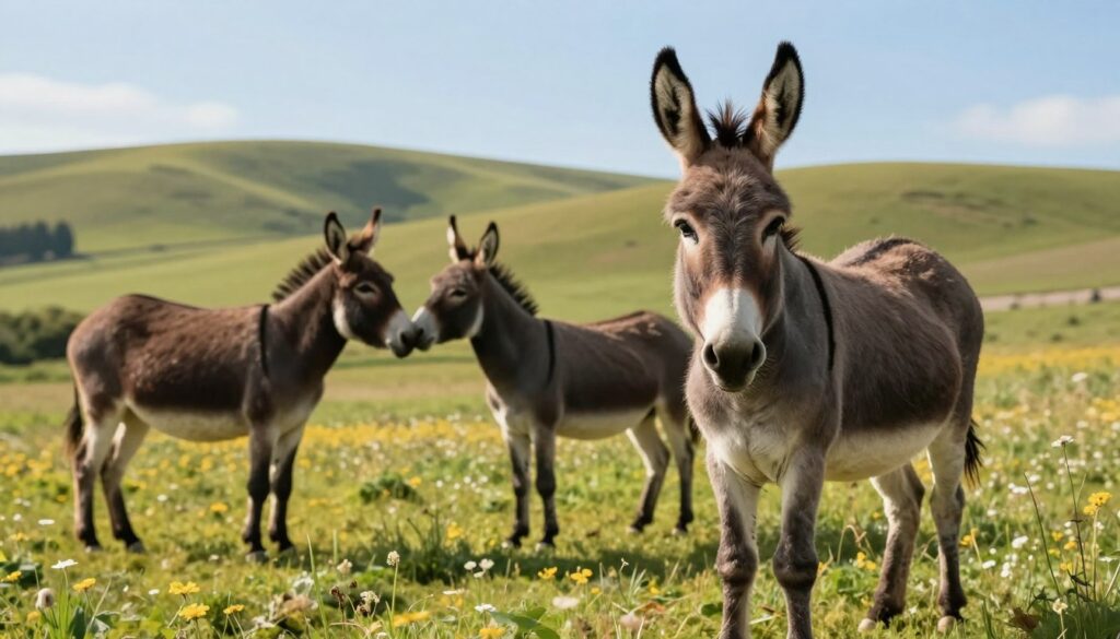 A serene pastoral scene featuring various donkey breeds in a tranquil, sunlit environment. In the foreground, a gentle donkey with large ears stands proudly, showcasing its unique coat pattern. In the middle, a trio of donkeys of differing sizes interact playfully, highlighting the diversity of breeds. The background features a lush green pasture with soft rolling hills, dotted with wildflowers under a clear blue sky. Golden sunlight bathes the scene, casting soft shadows and creating an inviting atmosphere. The composition is framed with a slight depth of field effect, drawing focus on the donkeys while keeping the background slightly blurred. The mood is peaceful and harmonious, emphasizing the beauty and variety of donkey breeds in their natural habitat.