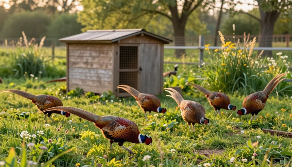 A serene pheasant farm during the golden hour, showcasing vibrant male and female pheasants in a lush, green enclosure. In the foreground, a colorful male pheasant with its striking plumage is pecking at the ground, while a group of females forages nearby. The middle ground features a wooden aviary, blending into the natural landscape, surrounded by wildflowers and tall grasses. In the background, a soft-focus view of a wooded area hints at the natural habitat these birds thrive in. The warm, diffused sunlight casts gentle shadows, creating a peaceful and idyllic atmosphere. The scene captures the essence of pheasant farming, highlighting the contrast in their lives compared to their wild counterparts.