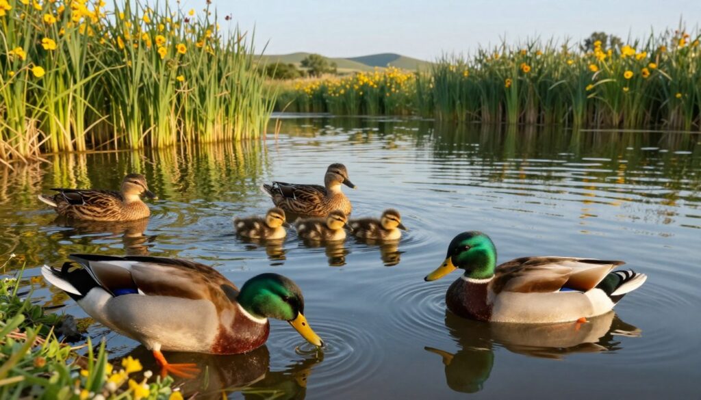 A serene pond scene showcasing a variety of ducks, including mallards and pekin ducks, swimming gracefully on calm waters. In the foreground, a pair of vibrant male and female mallards are foraging for food near the water's edge, their colorful feathers reflecting the sunlight. In the middle ground, a small group of adorable ducklings paddles closely behind their mother, embodying the nurturing aspect of duck life. The background consists of lush green reeds and vibrant wildflowers framing the pond, leading to soft hills under a clear blue sky. The lighting is warm and soft, evoking a peaceful afternoon atmosphere, with gentle ripples on the water's surface capturing the essence of tranquility and natural beauty.