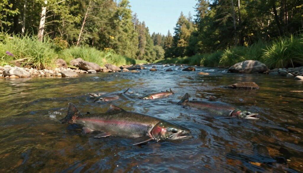 A serene river scene capturing the moment of salmon returning to their birthplace for spawning. In the foreground, several salmon are swimming energetically against the gentle current, their scales glistening in the dappled sunlight. The middle ground features lush green riverbanks, interspersed with rocks and pebbles, reflecting a vibrant, healthy ecosystem. The background depicts a tranquil forest, with tall trees reaching towards a clear blue sky, creating an atmosphere of peace and continuity. Use soft, warm lighting to enhance the natural beauty of the scene, and a slightly elevated angle to give depth to the river and the surrounding landscape. The overall mood should evoke a sense of determination and harmony in nature as the salmon strive to fulfill their life cycle.