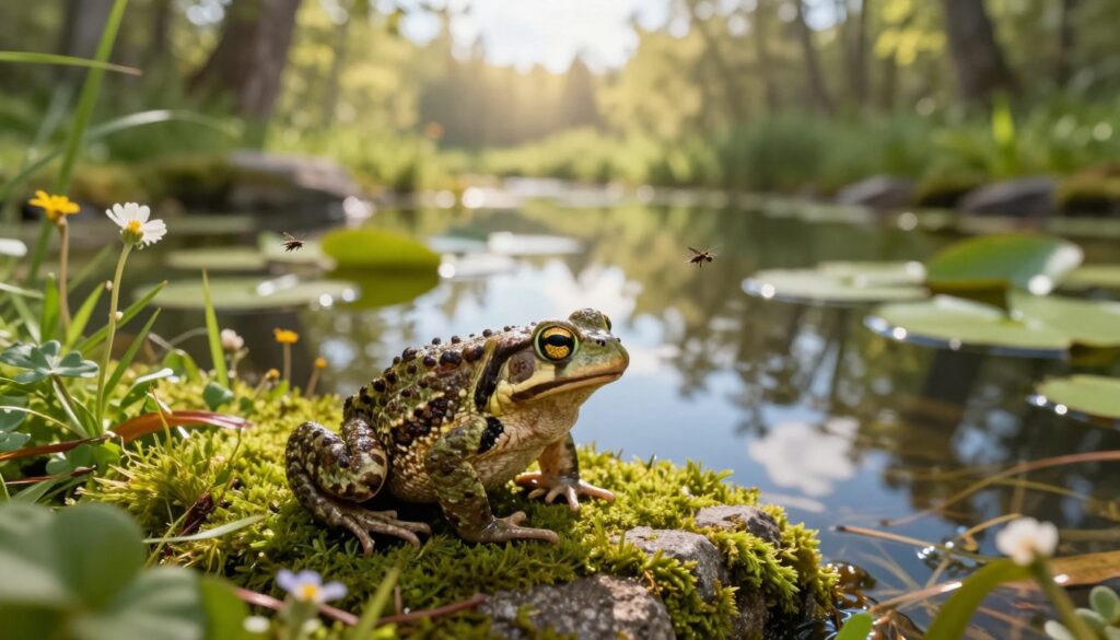 A serene scene depicting the life cycle of a toad, showcasing its natural habitat. In the foreground, a realistic, vibrant toad sits on a mossy stone, surrounded by lush greenery and small wildflowers, emphasizing its role in the ecosystem. In the middle ground, a tranquil pond reflects the sky, with lily pads and insects hovering above the water, illustrating the toad’s interaction with its environment. In the background, soft sunlight filters through the trees, casting dappled light on the scene and creating a warm, calming atmosphere. The focus is sharp on the toad, highlighting its intricate skin texture and colors, while the background is slightly blurred to enhance depth. The overall mood is peaceful, inviting viewers to appreciate the delicate balance of nature. A serene scene depicting the life cycle of a toad, showcasing its natural habitat. In the foreground, a realistic, vibrant toad sits on a mossy stone, surrounded by lush greenery and small wildflowers, emphasizing its role in the ecosystem. In the middle ground, a tranquil pond reflects the sky, with lily pads and insects hovering above the water, illustrating the toad’s interaction with its environment. In the background, soft sunlight filters through the trees, casting dappled light on the scene and creating a warm, calming atmosphere. The focus is sharp on the toad, highlighting its intricate skin texture and colors, while the background is slightly blurred to enhance depth. The overall mood is peaceful, inviting viewers to appreciate the delicate balance of nature.