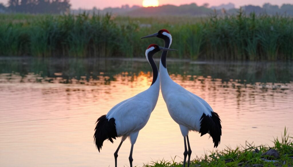 A serene scene featuring a pair of majestic cranes, their long necks elegantly arched, standing gracefully beside a shimmering lake at dawn. The foreground captures the details of their glossy feathers reflecting soft hues of sunrise—pinks, oranges, and yellows. In the middle ground, gentle ripples break the lake’s surface, creating a calming effect. The background showcases a lush green landscape dotted with tall reeds, evoking a tranquil habitat. The lighting is soft and warm, emphasizing the bond between the cranes, symbolizing lifelong partnership. The angle is slightly low to highlight their stature against the rising sun, enhancing the atmosphere of love and connection in nature. The overall mood is peaceful and harmonious, illustrating the cranes' deep social behaviors in their natural setting. A serene scene featuring a pair of majestic cranes, their long necks elegantly arched, standing gracefully beside a shimmering lake at dawn. The foreground captures the details of their glossy feathers reflecting soft hues of sunrise—pinks, oranges, and yellows. In the middle ground, gentle ripples break the lake’s surface, creating a calming effect. The background showcases a lush green landscape dotted with tall reeds, evoking a tranquil habitat. The lighting is soft and warm, emphasizing the bond between the cranes, symbolizing lifelong partnership. The angle is slightly low to highlight their stature against the rising sun, enhancing the atmosphere of love and connection in nature. The overall mood is peaceful and harmonious, illustrating the cranes' deep social behaviors in their natural setting.