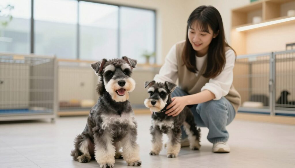 A serene scene showcasing a professional breeding environment for miniature schnauzers. In the foreground, a playful miniature schnauzer puppy sits joyfully, its distinct beard and eyebrows highlighted. The middle ground features a caring breeder gently interacting with the puppy, dressed in modest casual attire, demonstrating attention to genetics and care. The background reveals a cozy breeding setup, with soft lighting filtering through large windows, creating a warm atmosphere. The environment is clean and inviting, emphasizing responsible breeding practices. The overall mood is friendly and nurturing, reflecting the importance of careful selection in breeding to minimize health risks.