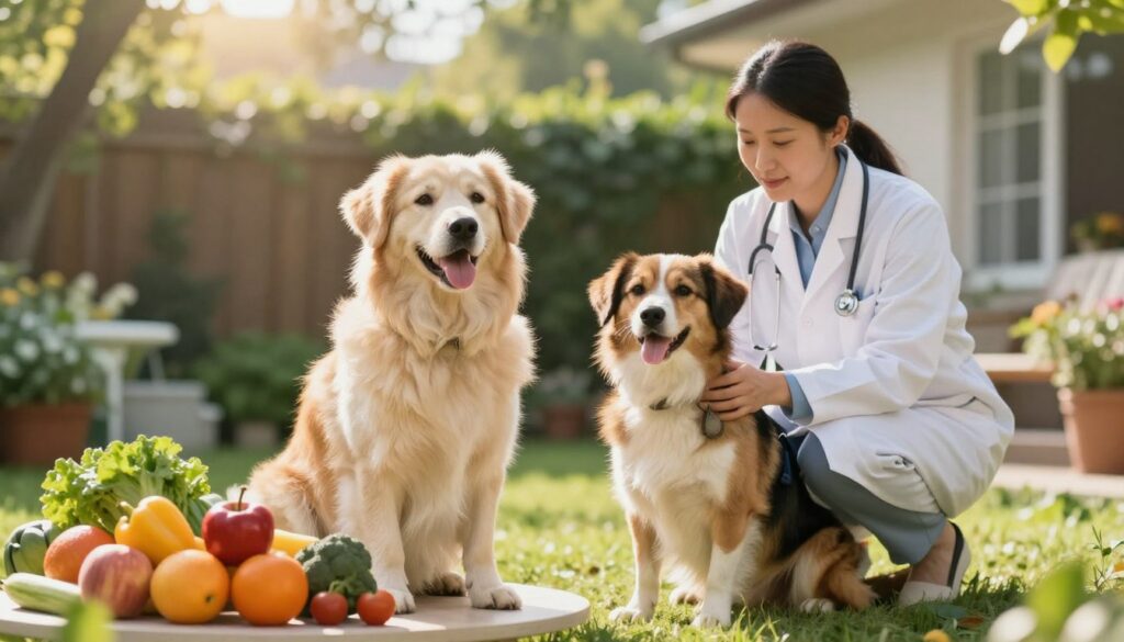 A serene scene showcasing the factors influencing dog longevity, focusing on genetics, health, and living conditions. In the foreground, a healthy, joyful dog of a long-lived breed sits next to an array of vibrant fruits and vegetables, symbolizing a nutritious diet. In the middle ground, a veterinarian in a white coat gently examines a dog, illustrating the importance of health check-ups and genetic screening. The background features a peaceful home environment with a sunny garden, highlighting ideal living conditions. The lighting is warm and inviting, with soft sunlight filtering through greenery, creating a hopeful atmosphere. The image should be composed with a slightly blurred background to emphasize the foreground subjects and their significance in promoting a long, healthy life for dogs.