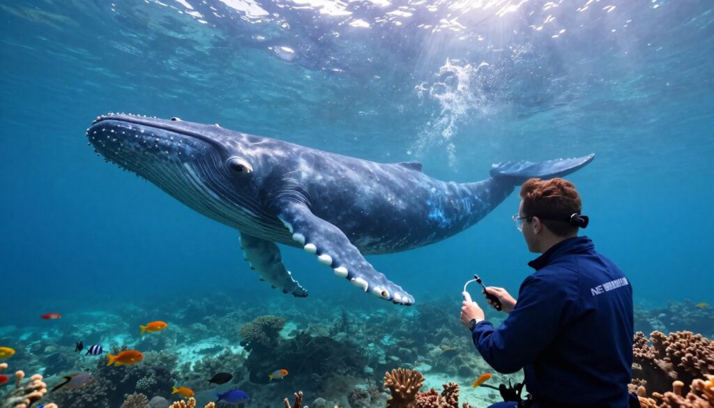 A serene underwater scene depicting a blue whale and a marine biologist assessing its age. In the foreground, the biologist, dressed in a professional outfit, uses specialized tools and a measuring device, focused intently on the whale’s earwax plugs—key indicators for determining its age. The blue whale, gracefully swimming, is prominently featured in the middle section, showcasing its massive size and majestic movement through crystal-clear water. The background includes soft sunlight filtering through the ocean surface, creating a tranquil atmosphere, with schools of colorful fish and coral formations adding depth and life to the scene. The lighting is bright but natural, emphasizing the beauty of the underwater environment, while the overall mood is scientific yet awe-inspiring, highlighting the connection between research and nature.