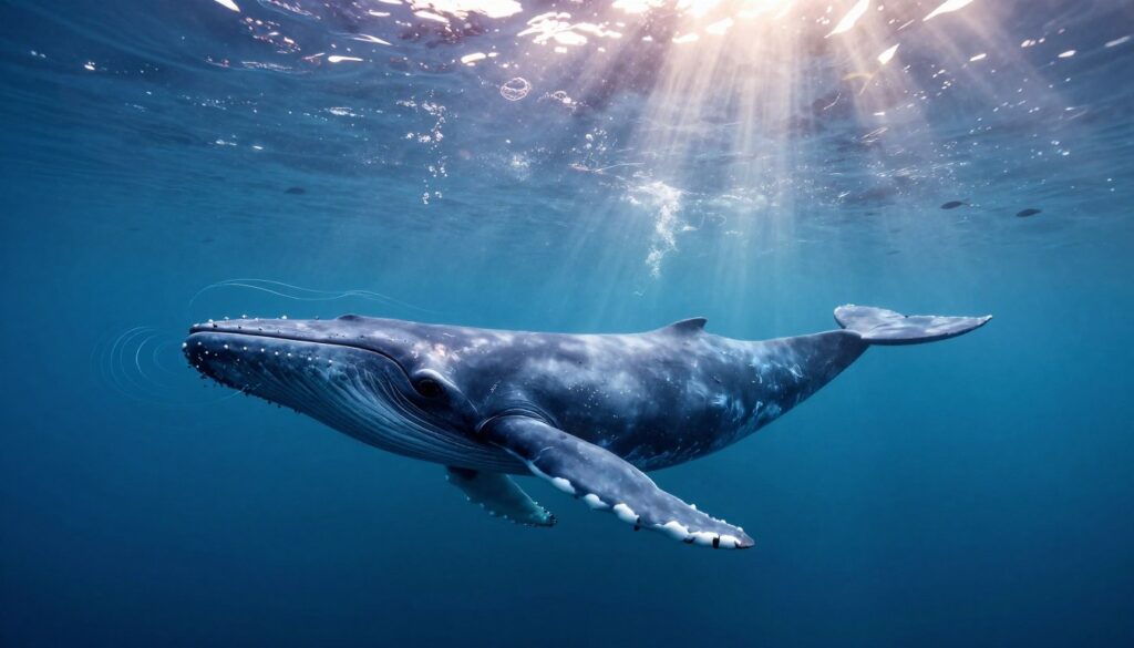 A serene underwater scene depicting a majestic blue whale (Balaenoptera musculus) swimming gracefully through the deep ocean. In the foreground, focus on the whale's massive body, highlighting its smooth, streamlined shape and distinct blue-gray coloration. Articulate the sound waves emanating from the whale, visualized as luminous ripples and undulating lines in the water around it, representing communication and echolocation. The middle ground features ethereal bubbles rising to the surface, while the background showcases a softly lit marine environment, with faint silhouettes of diverse fish and marine life. The atmosphere is tranquil yet awe-inspiring, with gentle beams of sunlight filtering through the water, creating a mesmerizing interplay of light and shadow. Use a wide-angle lens perspective to capture the grandeur of the ocean depths.