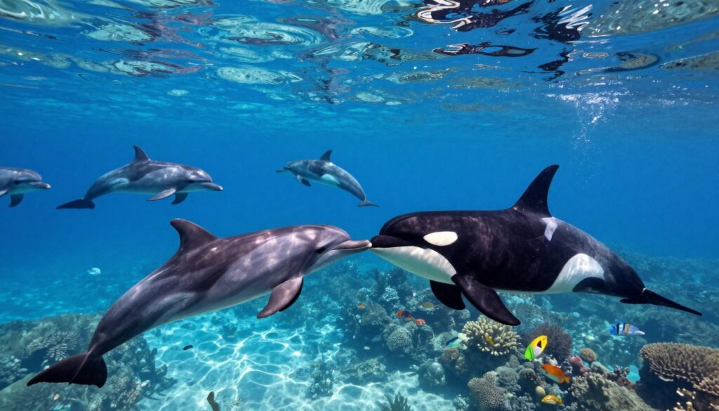 A serene underwater scene showcasing a diverse group of dolphins swimming gracefully in crystal-clear blue waters. In the foreground, you see two distinct dolphin species side by side: a playful bottlenose dolphin with a rounded snout and a sleek orca with its striking black-and-white coloration. Their playful interactions convey a sense of community among species. The middle ground features a variety of marine life, including colorful fish and coral formations, emphasizing the richness of their ecosystem. Sunlight filters down from the surface, creating dappled light patterns that enhance the tranquil atmosphere. The background fades into a deeper blue, suggesting the vastness of the ocean, inviting viewers to reflect on the differences in lifespan and characteristics among various dolphin families. The overall mood is peaceful and educational, perfect for illustrating the diversity of dolphin life.