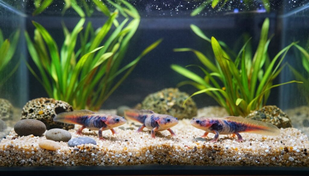 A serene underwater scene showcasing a safe substrate for axolotls in an aquarium environment. The foreground features a finely textured layer of natural sand and smooth pebbles, providing a gentle, inviting base. In the middle ground, soft greens of aquatic plants and small rocks create a natural habitat, while a couple of colorful axolotls gracefully swim among the elements, exhibiting vibrant colors and playful movements. The background includes a subtle diffusion of light filtering through the water's surface, creating a tranquil ambiance with dancing highlights. The overall mood is calm and safe, highlighting an ideal setting that emphasizes the importance of suitable substrate for axolotl care. The image is well-lit, focusing on the creatures and their habitat.