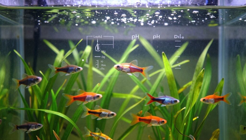 A serene underwater scene showcasing the importance of water quality for fish health. In the foreground, a vibrant freshwater aquarium environment filled with various species of fish like colorful guppies and angelfish swimming gracefully among lush greenery. The middle ground features different water parameters displayed in an organized manner, such as temperature, pH, and oxygen levels, represented through subtle infographics or visual cues. In the background, soft bubbles and filtered light rays create a calming atmosphere, suggesting clarity and purity of water. The lighting is natural and gentle, with a focus on illuminating the fish and plants, evoking a sense of tranquility and harmony in aquatic life.