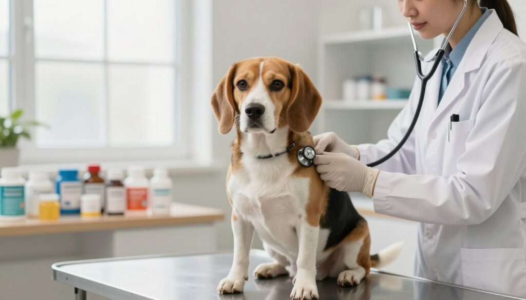 A serene veterinary clinic interior with a focus on a healthy beagle dog receiving a check-up from a professional veterinarian. In the foreground, the beagle, sitting calmly on an examination table, showcases its shiny coat and bright eyes, embodying vitality and health. The veterinarian, dressed in a white coat and gloves, is gently checking the dog's heart rate with a stethoscope, exuding care and professionalism. In the middle ground, a variety of pet care products, such as vitamins and preventive medicine, are neatly arranged on a shelf, symbolizing proactive veterinary care. The background features soft, natural light coming through a window, creating a warm and inviting atmosphere that emphasizes the importance of veterinary prevention in extending a dog's life.