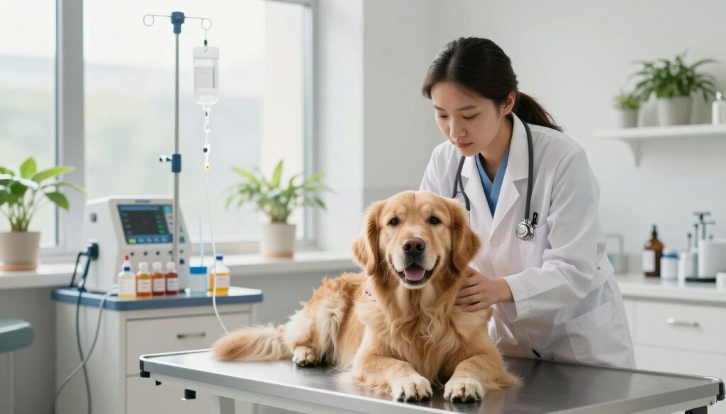 A serene veterinary clinic setting focused on canine cancer treatment. In the foreground, a compassionate veterinarian in a white coat gently examines a golden retriever with a loving gaze. The dog is lying comfortably on an examination table, showing a sense of calm. In the middle ground, various medical equipment related to cancer treatment, such as IV drips, chemotherapy medications, and diagnostic tools, are arranged neatly. The background features soft, natural lighting that enters through large windows, illuminating the room with a warm and hopeful atmosphere. Potted plants add a touch of tranquility, conveying a message of care and support in the journey of treating cancer in pets. The overall mood is one of professionalism blended with empathy, emphasizing the importance of tailored treatment strategies for different types of canine cancers.