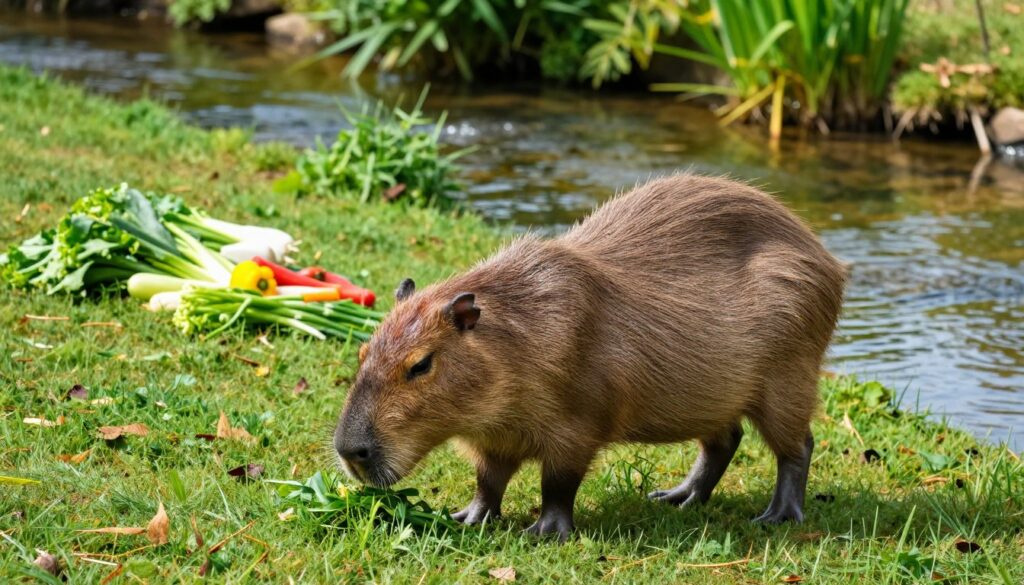 A serene, vibrant scene depicting a capybara calmly grazing on lush green grass by the water's edge. In the foreground, the capybara is shown in detailed close-up, with its textured fur glistening in the soft sunlight. The middle ground features an assortment of fresh veggies and grasses, highlighting its natural diet, while a crystal-clear stream gently flows behind. In the background, there are verdant plants and trees, creating a tranquil habitat that mirrors the capybara's ideal living conditions. The mood is peaceful and harmonious, with warm, natural lighting that emphasizes the health and vitality of the capybara, showcasing the connection between its diet and longevity. The angle is slightly elevated, providing a picturesque view that captures both the animal and its environment.