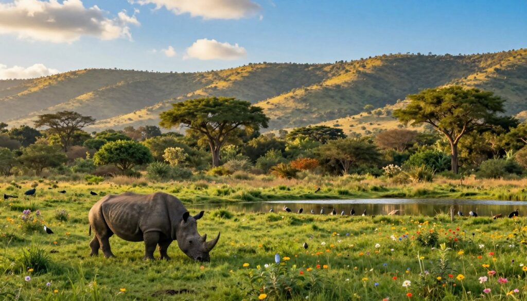 A serene wildlife landscape in a national park, showcasing a rich diversity of flora and fauna. In the foreground, a majestic rhinoceros grazes peacefully on lush green grass, surrounded by colorful wildflowers. The middle ground features dense trees and a small waterhole reflecting the clear blue sky, where a group of birds can be seen drinking. In the background, rolling hills covered with vibrant vegetation rise beneath soft, golden sunlight filtering through scattered clouds. The atmosphere is tranquil and hopeful, emphasizing conservation efforts. Use a wide-angle lens for an expansive view and ensure the scene is beautifully lit, capturing the essence of nature protection. No human subjects or any text elements should be present.