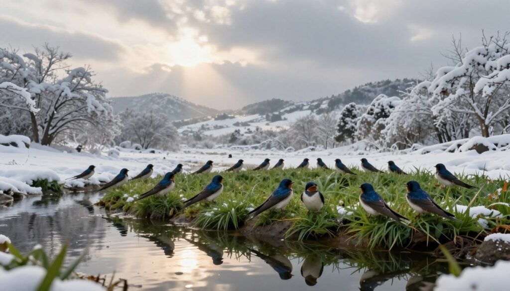 A serene winter scene depicting a group of swallows gathered at a lush green oasis amid a snowy landscape. In the foreground, a few swallows with glistening blue and white feathers are perched on the edge of a small pond, their reflections shimmering in the calm water. The middle ground features gentle snow-laden trees and a faint hint of sunlight breaking through the soft, gray clouds, creating a warm glow that contrasts with the cold surroundings. In the background, distant hills are dusted with snow under a cloudy sky. The mood is tranquil yet poignant, highlighting the resilience of these migratory birds during difficult winter months. The lighting is soft and diffuse, adding a gentle ambiance to the scene, captured from a slightly elevated angle for depth.