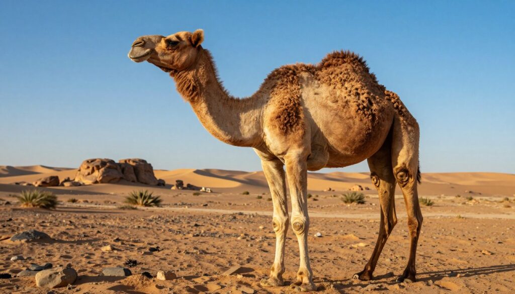 A single-humped camel stands majestically in the foreground, its distinctive hump prominent against its sandy brown fur. The camel's expressive eyes showcase its intelligence and adaptability to harsh environments. In the middle ground, a dry desert landscape unfolds, dotted with sparse vegetation, rocky formations, and rolling sand dunes that stretch far into the distance. The scene is bathed in warm golden sunlight, casting soft shadows and illuminating the camel’s features, highlighting the unique adaptations of this species, including its strong legs and long neck. In the background, a vivid blue sky contrasts with the earthy tones of the landscape, creating a serene yet resilient atmosphere, emphasizing the camel's survival in harsh conditions. Capture this image from a low angle to amplify the camel's stature and majesty.