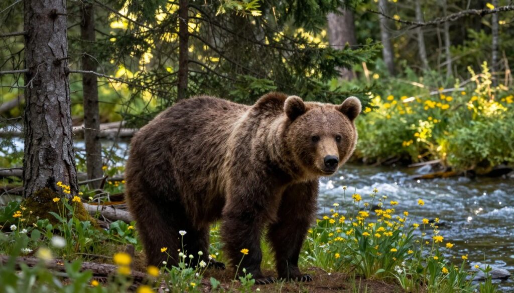 A solitary brown bear stands in a lush forest, its massive form illuminated by soft, dappled sunlight filtering through the dense foliage overhead. The bear, with thick, rich fur and sharp, alert eyes, is depicted in a cautious stance, peering around as if aware of unseen dangers. In the foreground, wildflowers bloom vibrantly, creating a stark contrast with the dark earth beneath its feet. The middle ground features tall, slender trees that tower above, their bark rugged and textured. In the background, a flowing river glistens under the light, conveying a serene yet wild atmosphere. The image captures a moment of tension, highlighting the bear's natural habitat while evoking a sense of vulnerability in the untamed wilderness.