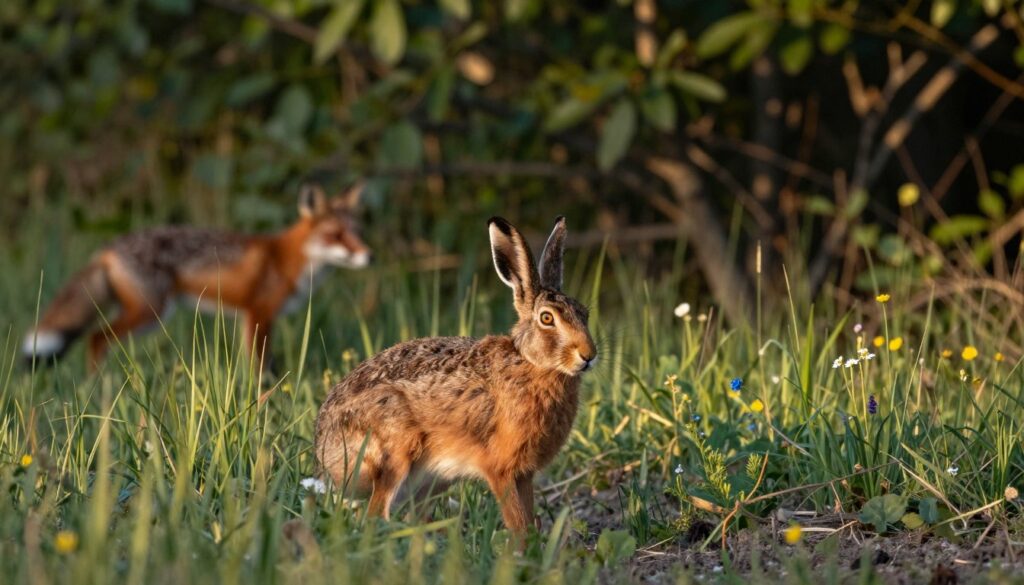 A solitary brown hare, or "szarak," in a natural habitat, appears alert and cautious amidst potential threats. In the foreground, the hare is crouched low in tall grass, its large ears perked up, capturing the essence of its vulnerability. The middle ground features a blurred silhouette of a fox lurking nearby, emphasizing the predatory danger, while scattered wildflowers and patches of dirt ground the scene. In the background, a dense forest looms under soft, dappled sunlight filtering through the leaves, creating a serene yet ominous atmosphere. The overall lighting is warm and natural, evoking a setting during golden hour, highlighting the contrast between the hare's innocence and the lurking hazards, all captured from a low angle to enhance the emotional impact of the moment.