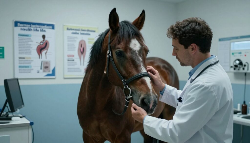 A somber scene depicting a horse in a veterinary clinic, surrounded by medical equipment and charts illustrating common equine health issues. In the foreground, a veterinarian examines the horse, whose coat is slightly unkempt, showing signs of illness. In the middle ground, posters on the clinic wall display information about diseases that shorten a horse's life, like colic and laminitis. The background is softly lit, with subtle, sterile lighting casting gentle shadows that enhance the mood of concern and care. The atmosphere is serious yet hopeful, emphasizing the importance of veterinary care in maintaining equine health. The overall color palette is muted, focusing on blues and whites, creating a professional yet poignant representation of horse health challenges.