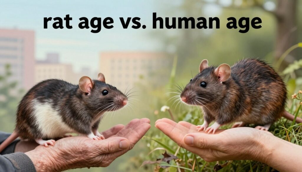 A split-image illustration depicting the concept of "rat age vs. human age." In the foreground, a realistic, detailed domestic rat on one side, sitting next to an elderly person's hand, symbolizing the correlation in age. On the opposite side, a wild rat in a natural setting, with a young adult human's hand reaching out, showcasing the contrast in lifespans. The middle ground features a gentle gradient transitioning from an urban environment for the domestic rat to a lush, wild landscape for the wild rat. Soft, natural lighting highlights both sets of hands, emphasizing warmth and connection. The overall mood is informative and contemplative, inviting viewers to reflect on the parallels and differences in longevity between species.