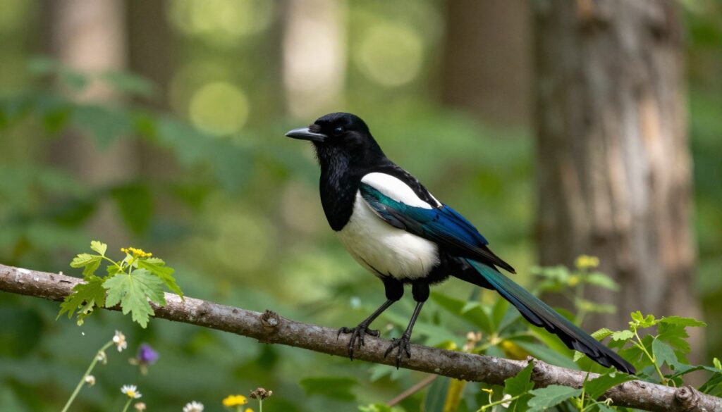 A striking portrait of a Eurasian magpie perched gracefully on a branch amid a lush green forest. The foreground features the detailed plumage of the magpie with its iridescent black and white feathers shimmering in the soft sunlight. In the middle, the branch is adorned with delicate leaves and hints of wildflowers, showcasing the vibrancy of the magpie's natural habitat. The background presents a softly blurred forest scene, with dappled light filtering through the foliage, creating a tranquil and serene atmosphere. Use a portrait lens to capture the rich colors and intricate details, and maintain a shallow depth of field to emphasize the magpie while gently blurring the background. The overall mood is peaceful and reflective, perfect for illustrating the lifespan of this beautiful bird in nature.
