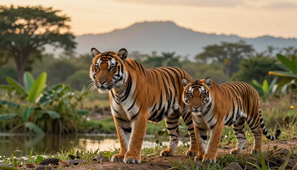 A striking scene depicting a mature male and female tiger in their natural territorial environment, illustrating the dynamics of their lifestyle. In the foreground, the male tiger, with vivid orange fur marked by bold black stripes, stands confidently, showcasing his powerful physique. Beside him, the female tiger, equally captivating, prowls gracefully, her amber eyes reflecting intelligence and adaptability. The middle ground features lush tropical foliage and a nearby water source, creating a realistic habitat. In the background, a distant mountain range under a soft, golden sunset provides a serene ambiance, casting warm light over the entire scene. The atmosphere is calm yet filled with the tension of animal instincts. The lens captures this moment from a slightly elevated angle, enhancing the majestic stature of the tigers while keeping them in sharp focus against the rich, blurred background.