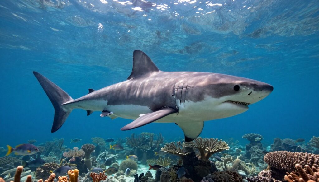 A striking underwater scene showcasing a great white shark (Carcharodon carcharias) amidst a vibrant marine environment, illustrating the population status of this iconic species. In the foreground, a majestic great white shark swims gracefully, its sleek body glistening in the filtered sunlight that penetrates the surface above. The midground features diverse marine life, including schools of fish and coral formations that emphasize the richness of the ecosystem. The background provides a sense of depth, with aquatic vegetation swaying in the currents and faint shadows of deeper waters hinting at the complexity of its habitat. The lighting is soft yet illuminating, creating a serene yet powerful atmosphere, reflecting the beauty and vulnerability of wildlife. Capture from a slightly upward angle to evoke a sense of awe and respect for this apex predator.