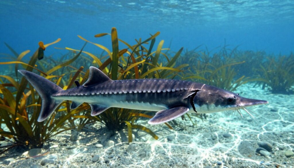A stunning underwater scene depicting a majestic sturgeon swimming gracefully in its natural habitat. In the foreground, the sturgeon, with its distinctive elongated body and bony scutes, glides through the clear blue waters, showcasing its unique features like the barbels and pointed snout. In the middle ground, colorful aquatic plants sway gently in the current, providing a lush and vibrant environment. The background reveals a soft, sunlit underwater landscape with pebbles and gentle shadows cast by the light filtering from above. The mood is serene and peaceful, capturing the essence of life underwater. The lighting is bright and natural, enhancing the colors and textures of the scene, creating an inviting atmosphere for exploration and discovery. No humans or text are present in the image.