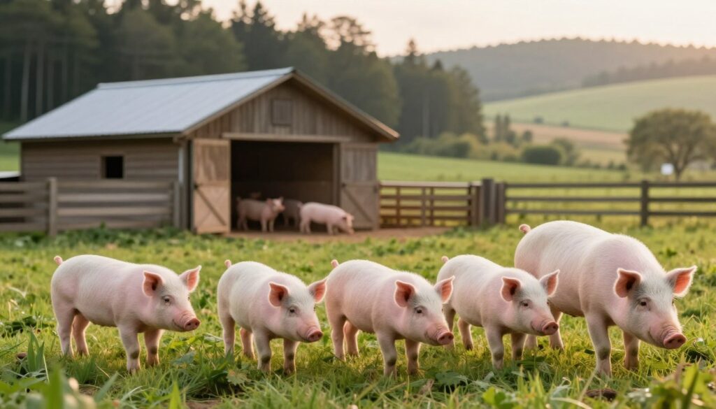 A tranquil farm scene showcasing the life cycle of pigs in various environments. In the foreground, healthy pigs of different ages, including piglets and adults, are seen grazing peacefully on lush green grass. In the middle ground, a well-maintained barn can be observed, alongside an open pen where pigs are nurtured with care. The background features a serene landscape, with a dense forest and rolling hills, representing natural habitats. The lighting is warm and soft, resembling the golden hour, creating an inviting atmosphere. A shallow depth of field focuses on the pigs, enhancing their vitality while gently blurring the barn and landscape, framing the essence of pig life in both farming and natural conditions. The overall mood is peaceful and nurturing, emphasizing the diverse living conditions of pigs.