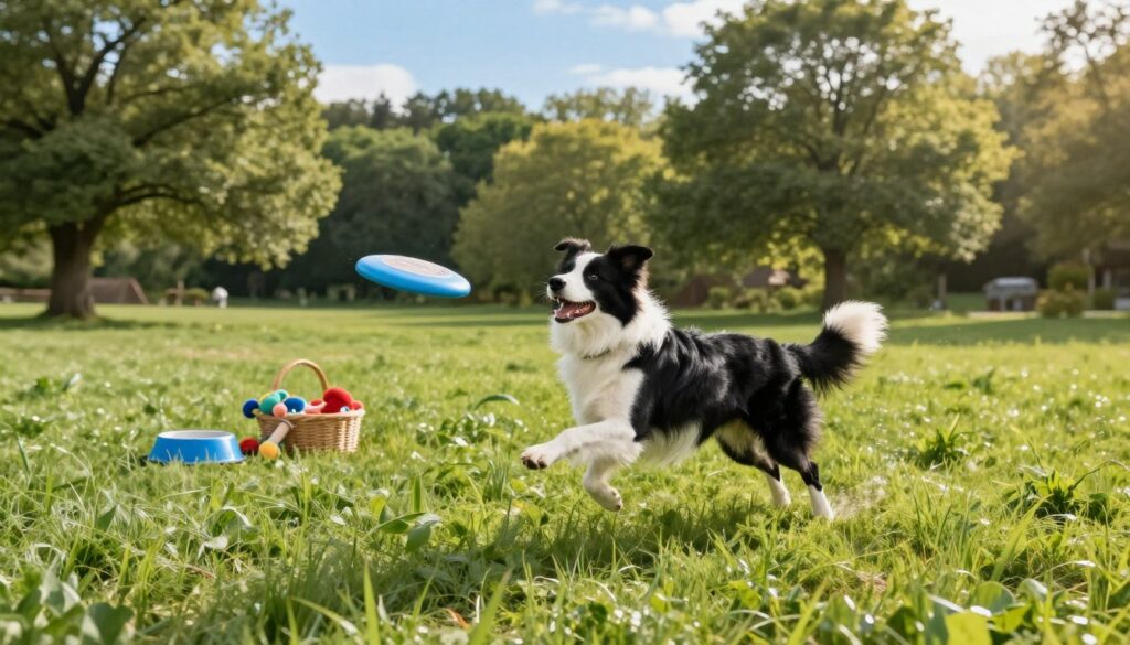 A tranquil scene capturing the life expectancy of a Border Collie, showcasing a healthy and energetic dog playing in a vibrant green meadow. In the foreground, the Border Collie, with its distinctive black and white coat, exuberantly leaps after a frisbee, embodying vitality and joy. In the middle ground, a variety of elements depict factors impacting canine lifespan, such as a water bowl and a basket of toys to represent care and happiness. Lush trees line the background under a bright blue sky, with soft, warm sunlight filtering through the leaves, creating a cheerful, inviting atmosphere. Use a wide-angle perspective to emphasize the dog's motion and the expanse of the meadow, evoking a sense of freedom and well-being.