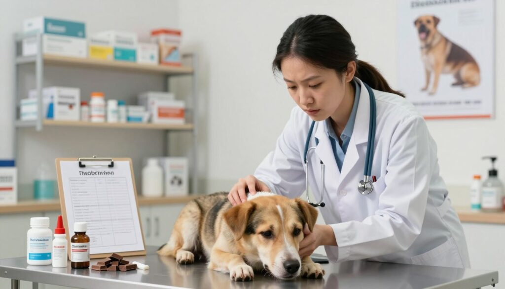 A veterinary clinic scene illustrating the treatment of a dog that has ingested chocolate, focusing on the prevention of theobromine poisoning. Foreground features a concerned veterinarian in a white lab coat, gently examining a medium-sized dog lying on an examination table, showing signs of distress. In the middle ground, various veterinary tools and medications are displayed, clearly labeled for theobromine treatment, alongside medical charts. The background shows shelves stocked with veterinary supplies and a poster on the wall about chocolate toxicity in pets. Bright, soft lighting creates a calm, professional atmosphere, while a shallow depth of field emphasizes the veterinarian and the dog, evoking a sense of urgency and care. The image should be warm and reassuring, reinforcing the importance of veterinary assistance in emergencies.