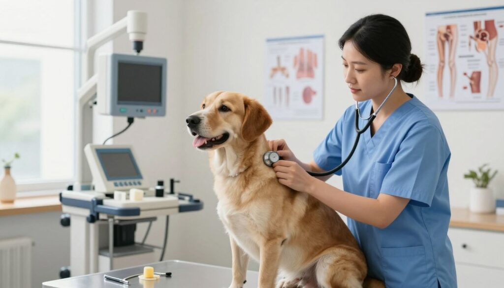 A veterinary clinic setting showcasing the diagnostic process for hip dysplasia in dogs. In the foreground, a veterinarian, dressed in professional scrubs, is gently examining a large dog while using a stethoscope. The midground features diagnostic equipment, such as an X-ray machine and orthopedic tools. The background presents a bright, well-lit examination room with charts detailing hip anatomy on the walls and a soft, clean environment that encourages trust and care. Soft natural light filters through a nearby window, creating a warm and inviting atmosphere. The overall mood is professional yet compassionate, reflecting the importance of accurate diagnosis and care for canine health.