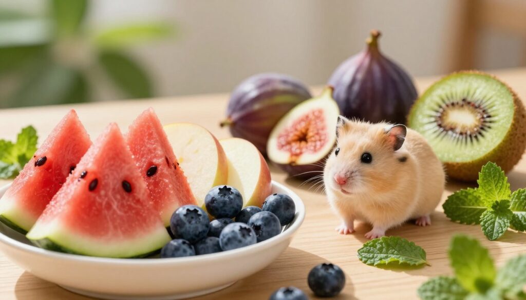 A vibrant and colorful still life arrangement featuring a selection of fruits that are suitable for hamsters in moderation. In the foreground, display a small bowl filled with slices of watermelon, apple, and blueberries, artistically arranged to showcase their textures and vibrant colors. In the middle ground, incorporate a few whole fruits, like small figs and a halved kiwi, surrounded by a scattering of fresh mint leaves for a touch of green. The background should be softly blurred, depicting a cozy, natural setting with warm sunlight filtering through, creating a serene and inviting atmosphere. Use soft lighting to enhance the freshness of the fruits, emphasizing their natural shine and making the image feel lively and appealing. A vibrant and colorful still life arrangement featuring a selection of fruits that are suitable for hamsters in moderation. In the foreground, display a small bowl filled with slices of watermelon, apple, and blueberries, artistically arranged to showcase their textures and vibrant colors. In the middle ground, incorporate a few whole fruits, like small figs and a halved kiwi, surrounded by a scattering of fresh mint leaves for a touch of green. The background should be softly blurred, depicting a cozy, natural setting with warm sunlight filtering through, creating a serene and inviting atmosphere. Use soft lighting to enhance the freshness of the fruits, emphasizing their natural shine and making the image feel lively and appealing.